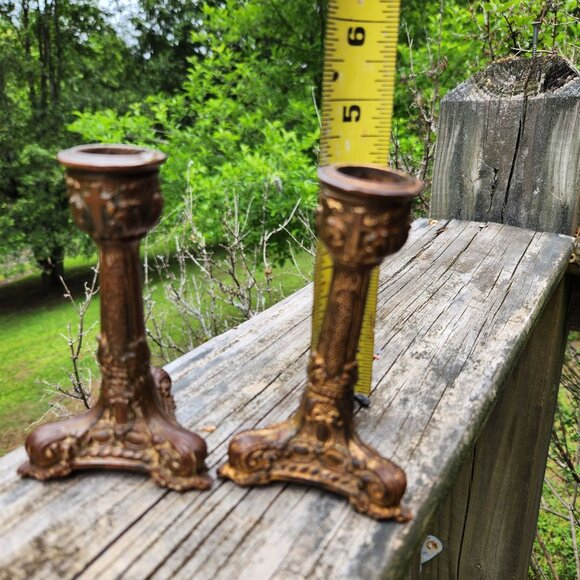 Pair Of Ornate Antique Bronze Altar Candle Holders With Intricate Detailing & Cr - Picture 3 of 7